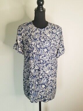 Vintage Anna and Frank 100% Silk Blouse Short Sleeve Shoulder Pads Blue Print M